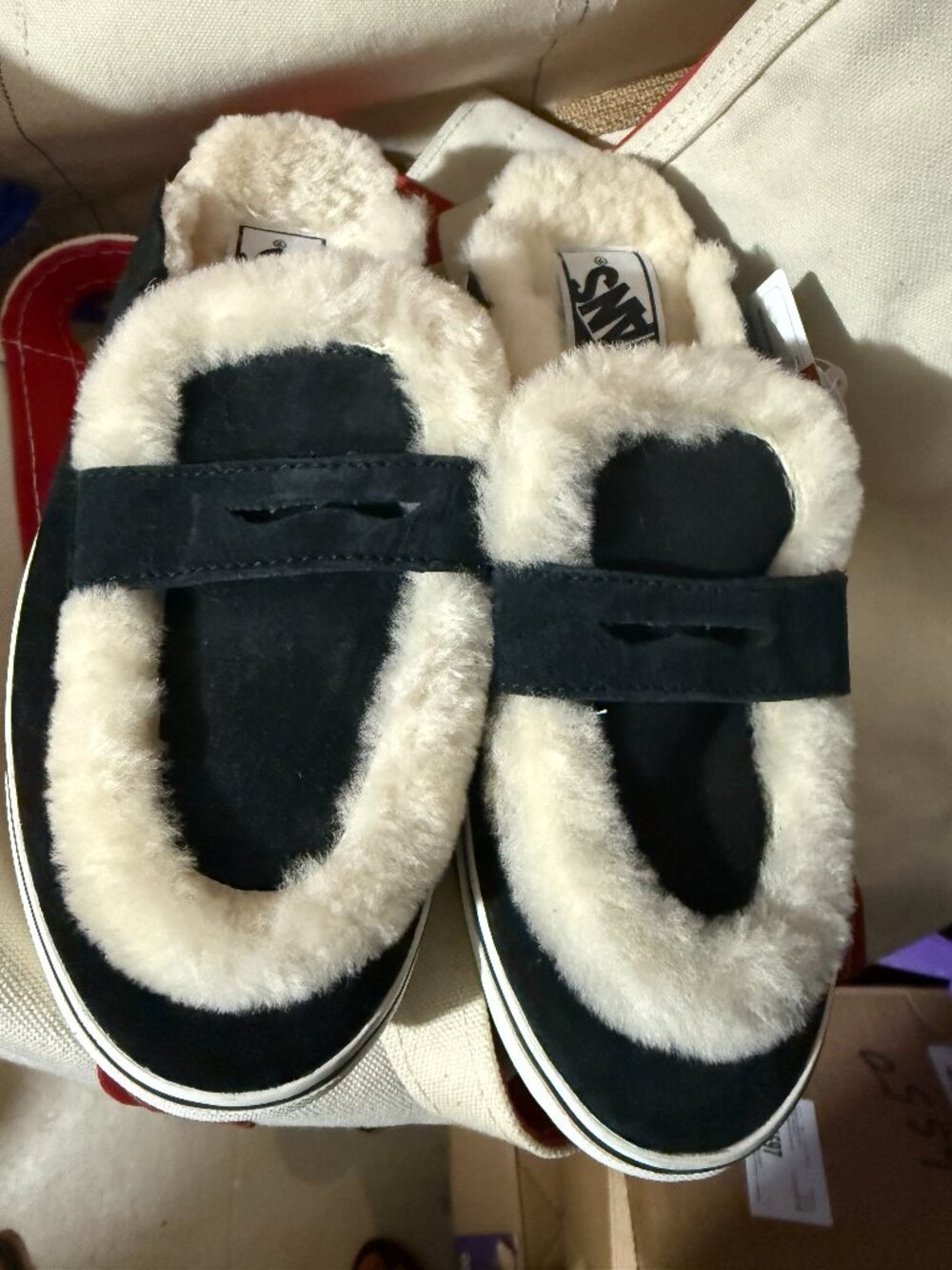 Vans Black suede fur slip on mules NWT
